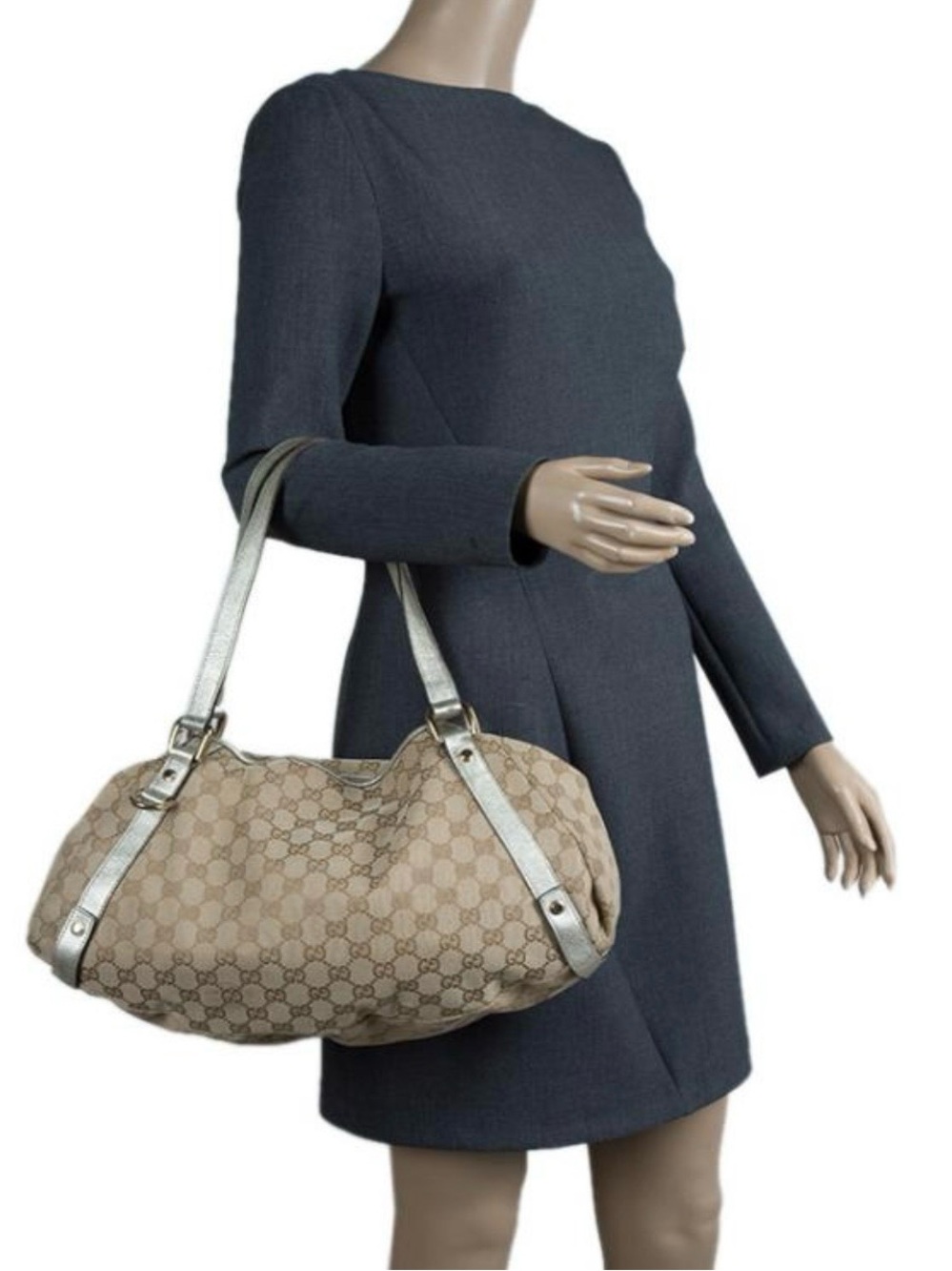 Gucci Beige Monogram Canvas Shoulder Bag with Silver Straps